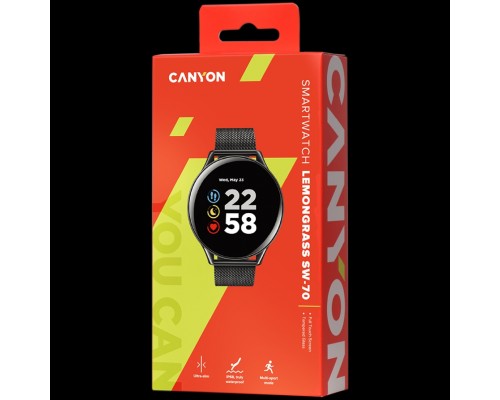 Умные часы CANYON Lemongrass SW-70 Smart watch, 1.3inches IPS full touch screen, Zinc plastic body,IP68 waterproof, multi-sport mode with swimming mode, compatibility with iOS and android,Black body with black metal belt, Host: 44.5x11.6mm, Strap: 24