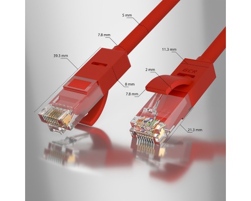 Патчкорд GCR  прямой 2.5m UTP кат.5e, красный, позолоченные контакты, 24 AWG, литой, GCR-LNC04-2.5m, ethernet high speed 1 Гбит/с, RJ45, T568B