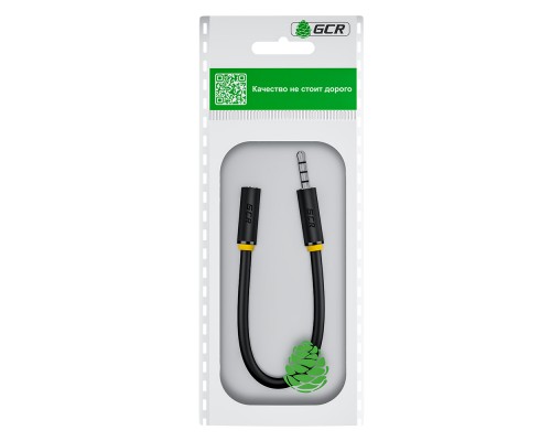 Удлинитель для гарнитуры GCR  0.3m jack 3,5mm/jack 3,5mm черный, желтая окантовка, 28AWG, M/F