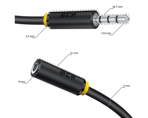 Удлинитель для гарнитуры GCR  0.3m jack 3,5mm/jack 3,5mm черный, желтая окантовка, 28AWG, M/F