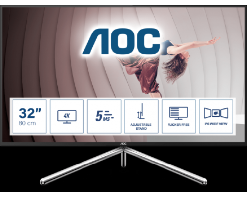 Монитор жидкокристаллический AOC Монитор LCD 31,5'' 16:9 3840x2160 MVA, nonGLARE, 350cd/m2, H178°/V178°, 3000:1, 80M:1, 4ms, VGA, DVI, HDMI, DP, Tilt, Speakers, Audio out, 3Y, Silver-Black