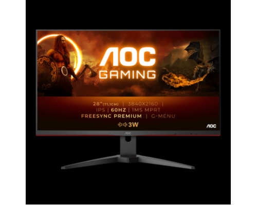 Монитор жидкокристаллический AOC Монитор LCD 28'' [16:9] 3840x2160(UHD 4K) IPS, nonGLARE, 300cd/m2, H178°/V178°, 1000:1, 80M:1, 1.07B, 4ms, VGA, HDMI, DP, Tilt, Speakers, Audio out, 3Y, Black-Red