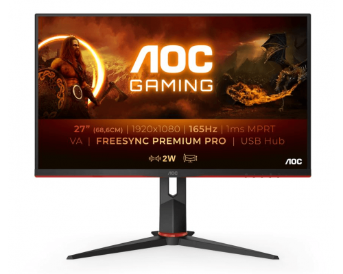 Монитор жидкокристаллический AOC Монитор LCD 27'' [16:9] 1920х1080(FHD) VA, nonGLARE, 350cd/m2, H178°/V178°, 3000:1, 20M:1, 16.7M, 4ms, VGA, 2xHDMI, DP, USB-Hub, Height adj, Pivot, Tilt, Swivel, Speakers, 2Y, Black-Red