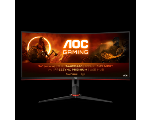 Монитор жидкокристаллический AOC Монитор LCD 34'' [21:9] 3440x1440(UWQHD) VA, Curved, nonGLARE, 300cd/m2, H178°/V178°, 3000:1, 80M:1, 16.7M, 1ms, VGA, 2xHDMI, DP, USB-Hub, Height adj, Tilt, Swivel, Speakers, 3Y, Black