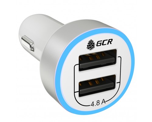 GCR Автомобильное зарядное устройство на 2 USB порта 4.8A, белое, LED индикация, GCR-51984