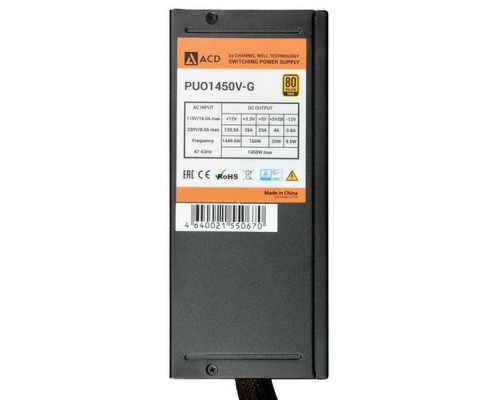 Блок питания PUO1450V-G 1450W 80+ Gold, Modular, 20+4 PIN,CPU(4+4)PIN*1, CPU8PIN*1, PCI-E(6+2)P*10, HDD*3, FDD*1, SATA*12, RLT