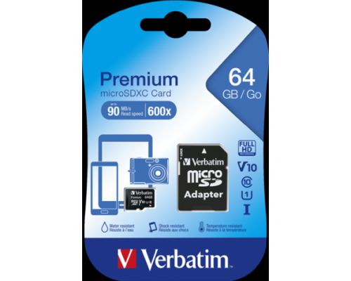 Карта памяти Verbatim micro Secure Digital Card microSDXC 64GB Class 10 inc adapter