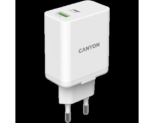 Адаптер питания Canyon, PD 20W/QC3.0 18W WALL Charger with 1-USB A+ 1-USB-C   Input: 100V-240V, Output: 1 port charge: USB-C:PD 20W (5V3A/9V2.22A/12V1.67A) , USB-A:QC3.0 18W (5V3A/9V2.0A/12V1.5A), 2 port charge: common charge,  total 5V, 3.4A, Eu plu