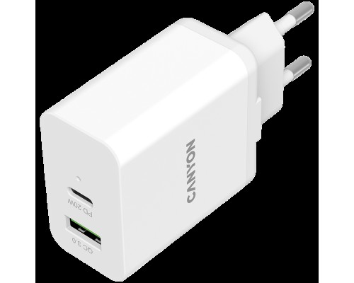 Адаптер питания Canyon, PD 20W/QC3.0 18W WALL Charger with 1-USB A+ 1-USB-C   Input: 100V-240V, Output: 1 port charge: USB-C:PD 20W (5V3A/9V2.22A/12V1.67A) , USB-A:QC3.0 18W (5V3A/9V2.0A/12V1.5A), 2 port charge: common charge,  total 5V, 3.4A, Eu plu