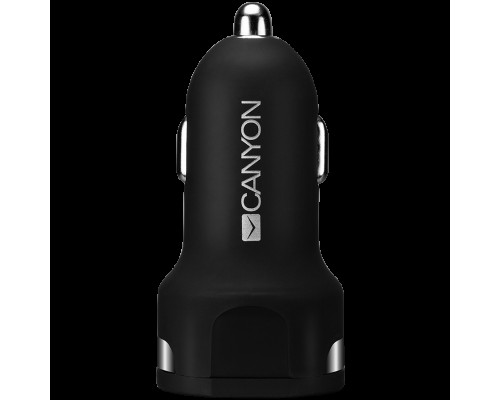 Адаптер питания CANYON C-04 Universal 2xUSB car adapter, Input 12V-24V, Output 5V-2.4A, with Smart IC, black rubber coating with silver electroplated ring, 59.5*28.7*28.7mm, 0.019kg