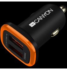 Адаптер питания CANYON C-02 Universal 2xUSB car adapter, Input 12V-24V, Output 5V-2.1A, with Smart IC, black rubber coating with orange electroplated ring(without LED backlighting), 51.8*31.2*26.2mm, 0.016kg                                           