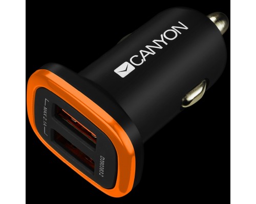 Адаптер питания CANYON C-02 Universal 2xUSB car adapter, Input 12V-24V, Output 5V-2.1A, with Smart IC, black rubber coating with orange electroplated ring(without LED backlighting), 51.8*31.2*26.2mm, 0.016kg