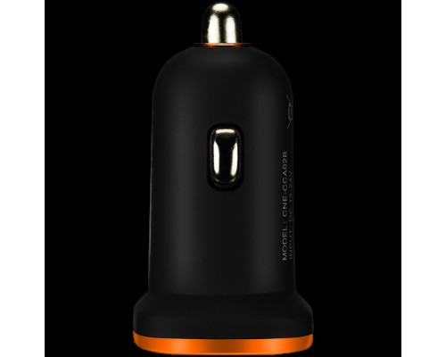 Адаптер питания CANYON C-02 Universal 2xUSB car adapter, Input 12V-24V, Output 5V-2.1A, with Smart IC, black rubber coating with orange electroplated ring(without LED backlighting), 51.8*31.2*26.2mm, 0.016kg