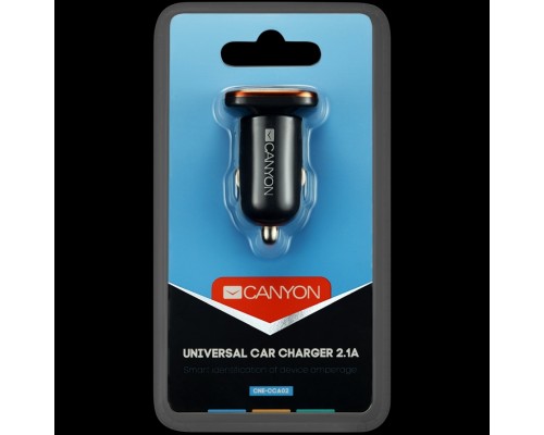 Адаптер питания CANYON C-02 Universal 2xUSB car adapter, Input 12V-24V, Output 5V-2.1A, with Smart IC, black rubber coating with orange electroplated ring(without LED backlighting), 51.8*31.2*26.2mm, 0.016kg