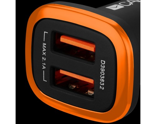 Адаптер питания CANYON C-02 Universal 2xUSB car adapter, Input 12V-24V, Output 5V-2.1A, with Smart IC, black rubber coating with orange electroplated ring(without LED backlighting), 51.8*31.2*26.2mm, 0.016kg