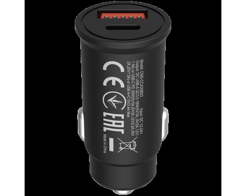 Адаптер питания Canyon, PD 30W/QC3.0 18W Pocket size car charger  with 1-USB A+ 1-USB-C Input: DC12V-24V, Output: USBC: PD30W( 5V3A/9V3A/12V2.5A/15V2A/20V1.5A),USB-A:QC3.0 18W (5V3A