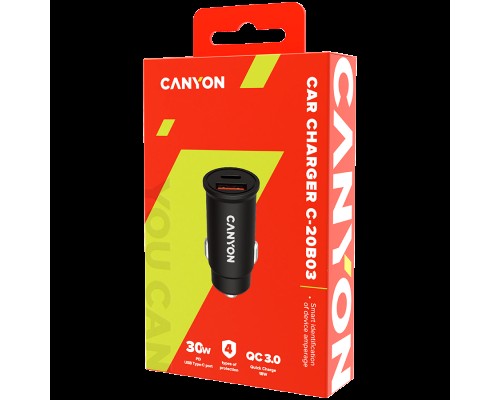 Адаптер питания Canyon, PD 30W/QC3.0 18W Pocket size car charger  with 1-USB A+ 1-USB-C Input: DC12V-24V, Output: USBC: PD30W( 5V3A/9V3A/12V2.5A/15V2A/20V1.5A),USB-A:QC3.0 18W (5V3A