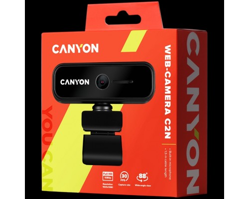 Веб-камера CANYON C2N 1080P full HD 2.0Mega fixed focus webcam with USB2.0 connector, 360 degree rotary view scope, built in MIC, Resolution 1920*1080, viewing angle 88°, cable length 1.5m, 90*60*55mm, 0.095kg, Black