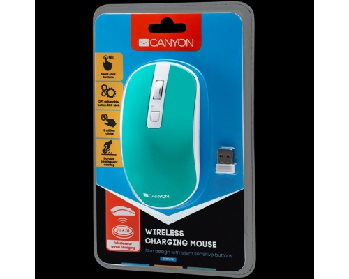 Мышь CANYON MW-18 2.4GHz Wireless Rechargeable Mouse with Pixart sensor, 4keys, Silent switch for right/left keys,DPI: 800/1200/1600, Max. usage 50 hours for one time full charged, 300mAh Li-poly battery,, Aquamarine, cable length 0.56m, 116.4*63.3*3