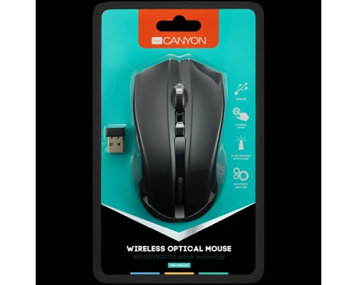 Мышь CANYON MW-5 2.4GHz wireless Optical Mouse with 4 buttons, DPI 800/1200/1600, Black, 122*69*40mm, 0.067kg