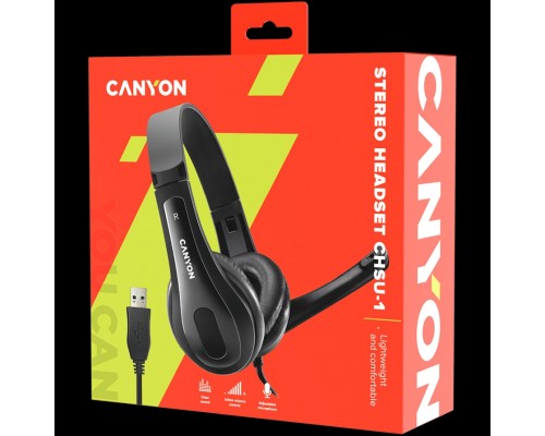 Гарнитура CANYON CHSU-1 basic PC headset with microphone, USB plug, leather pads, Flat cable length 2.0m, 160*60*160mm, 0.13kg, Black;