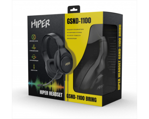 Гарнитура компьютерная игровая HIPER GSND-1100 Black (Стерео, 50мм, mini-jack 3.5мм, регулировка оголовья, кабель 2м, черный)