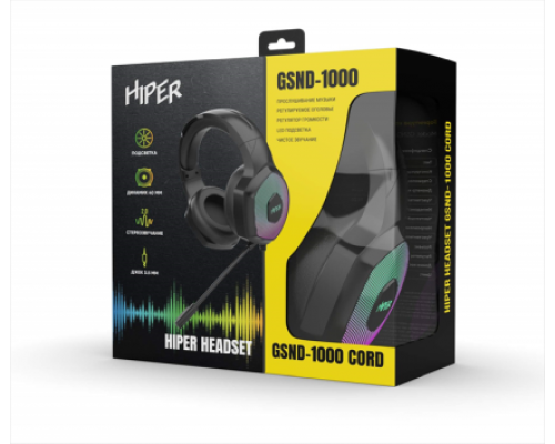 Гарнитура компьютерная игровая HIPER GSND-1000 Black (Стерео, 40мм, mini-jack 3.5мм+USB, регулировка оголовья, кабель 2м, черный)