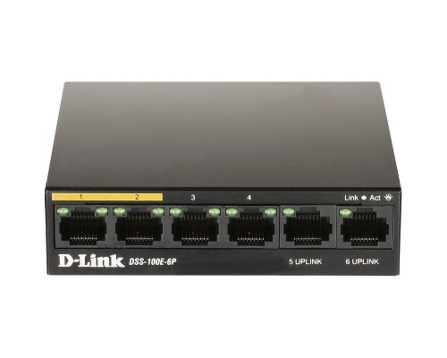 Неуправляемый коммутатор D-Link DSS-100E-6P/A1A, L2 Unmanaged Surveillance Switch with 6 10/100Base-TX ports(4 PoE ports 802.3af/802.3at (30 W), PoE Budget 55 W, up to 250 m power delivery).1K Mac address, 6kV Surge protecti