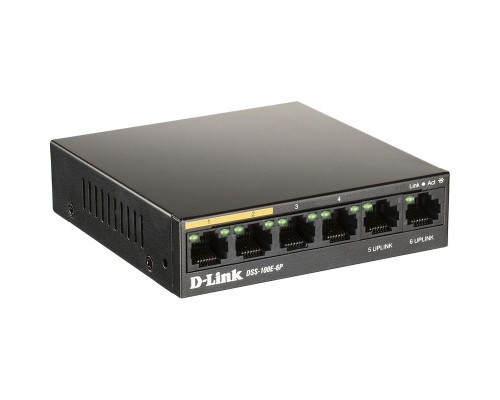 Неуправляемый коммутатор D-Link DSS-100E-6P/A1A, L2 Unmanaged Surveillance Switch with 6 10/100Base-TX ports(4 PoE ports 802.3af/802.3at (30 W), PoE Budget 55 W, up to 250 m power delivery).1K Mac address, 6kV Surge protecti