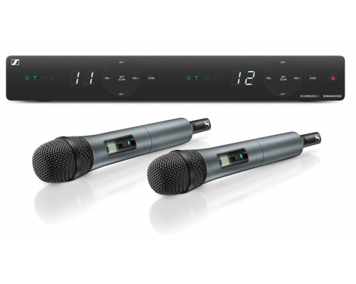 Вокальная РЧ-системаSennheiser XSW 1-825 DUAL-B , 614-638 МГц, 10 каналов, настольный двухканальный приёмник, два ручных передатчика с динамическим капсюлем (825), кардиоида.