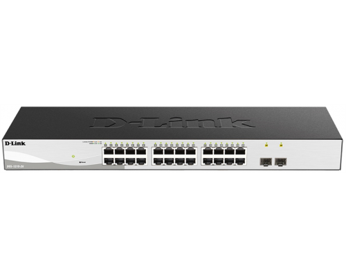 Коммутатор D-Link DGS-1210-26/F2A, L2 Smart Switch with  24 10/100/1000Base-T ports and 2 100/1000Base-X SFP ports. 8K Mac address, 802.3x Flow Control, 4K of 802.1Q VLAN, 4 IP Interface, 802.1p