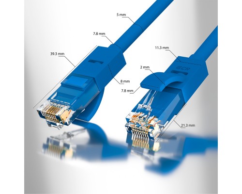 Патчкорд GCR  прямой 35.0m UTP кат.5e, синий, позолоченные контакты, 24 AWG, литой, ethernet high speed 1 Гбит/с, RJ45, T568B, GCR-50947