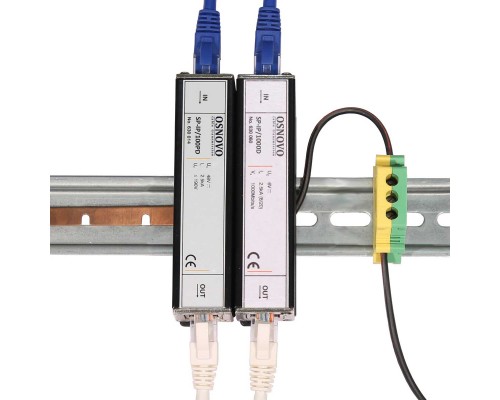 Устройство грозозащиты OSNOVO для ЛВС (скорость до 100Мбит/с) с защитой линий PoE (af/at, метод B, контакты 4/5, 7/8), двухуровневая защита