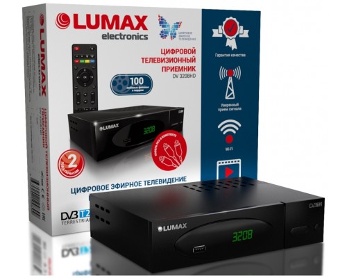 Приставка DVB-T2 LUMAX/ GX3235S, металл Stealth, дисплей, Dolby Digital, IPTV-плейлисты, YouTube, Кинозал LUMAX (более 500 фильмов), MEGOGO, 3 RCA, USB
