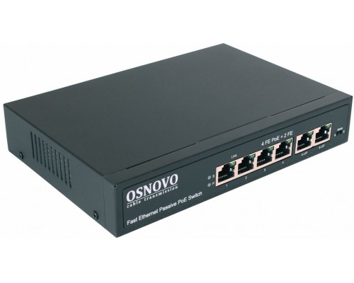 PoE-коммутатор OSNOVO Passive PoE коммутатор 6 портов, 4 PoE порта 10/100 Base-T, 2*10/100 Base-T Uplink, до 30W на порт