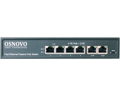 PoE-коммутатор OSNOVO Passive PoE коммутатор 6 портов, 4 PoE порта 10/100 Base-T, 2*10/100 Base-T Uplink, до 30W на порт