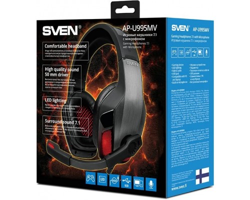 Гарнитура Sven AP-U995MV SV-016357 проводная, звук 7.1, 20-20000 Гц, 32 Ом, 108 дБ, USB, 30-16000 Гц, -58 дБ, 50 мм, LED-посветка, черная