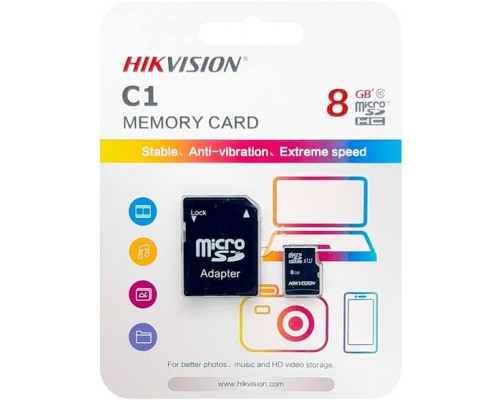 Карта памяти Hikvision HS-TF-C1(STD)/8G/ADAPTER microSD, 8Gb, Class10, UHS-I (U1), V10, чтение  до 92 Мб/сек, с SD адаптером