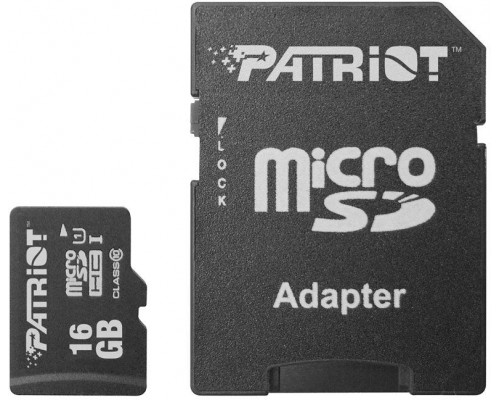 Карта памяти Patriot LX Series PSF16GMCSDHC10 microSD, 16Gb, Class10, UHS Class 1, чтение  до 80 Мб/сек, с SD адаптером