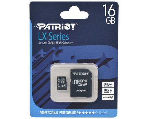 Карта памяти Patriot LX Series PSF16GMCSDHC10 microSD, 16Gb, Class10, UHS Class 1, чтение  до 80 Мб/сек, с SD адаптером