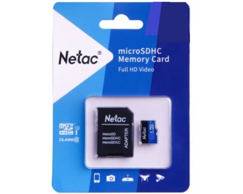 Карта памяти Netac P500 NT02P500STN-016G-R microSD, 16Gb, Class10, UHS-I Class 1 (U1), чтение  до 80 Мб/сек, с SD адаптером