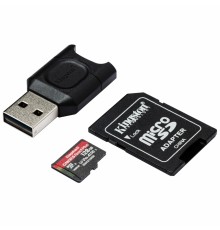 Карта памяти Kingston Canvas React Plus MLPMR2/128GB microSD, 128Gb, Class10, UHS-II Class 3 (U3), V90, A1, чтение  285 Мб/с, с адаптером и USB-ридером                                                                                                   