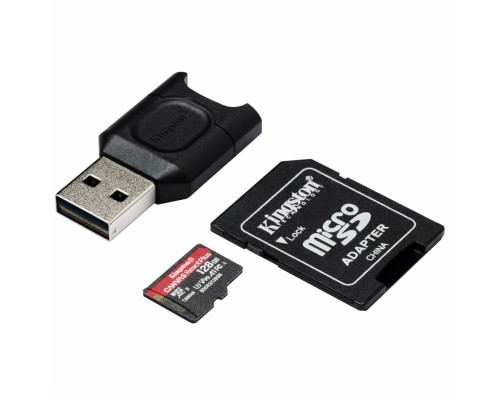 Карта памяти Kingston Canvas React Plus MLPMR2/128GB microSD, 128Gb, Class10, UHS-II Class 3 (U3), V90, A1, чтение  285 Мб/с, с адаптером и USB-ридером