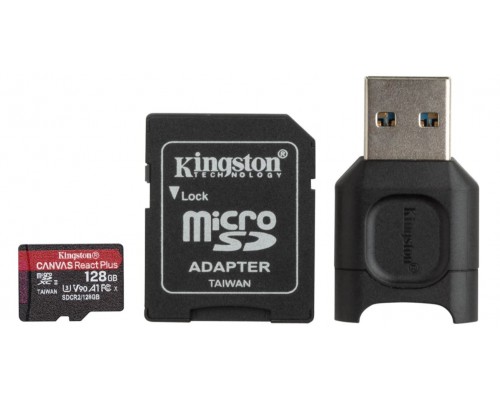 Карта памяти Kingston Canvas React Plus MLPMR2/128GB microSD, 128Gb, Class10, UHS-II Class 3 (U3), V90, A1, чтение  285 Мб/с, с адаптером и USB-ридером