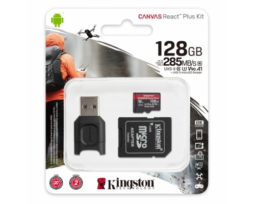 Карта памяти Kingston Canvas React Plus MLPMR2/128GB microSD, 128Gb, Class10, UHS-II Class 3 (U3), V90, A1, чтение  285 Мб/с, с адаптером и USB-ридером