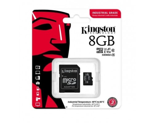 Карта памяти Kingston Industrial SDCIT2/8GB microSD, 8Gb, Class10, UHS-I, U3, V30, A1, чтение  100 Мб/с, с адаптером