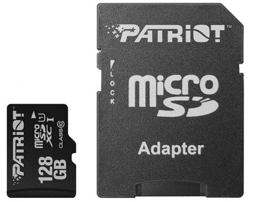 Карта памяти Patriot LX Series PSF128GMCSDXC10 microSD, 128Gb, Class10, UHS Class 1, чтение  до 80 Мб/сек, с SD адаптером