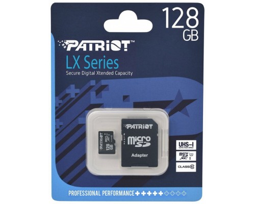 Карта памяти Patriot LX Series PSF128GMCSDXC10 microSD, 128Gb, Class10, UHS Class 1, чтение  до 80 Мб/сек, с SD адаптером