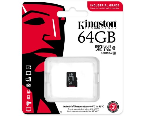 Карта памяти Kingston Industrial SDCIT2/64GBSP microSD, 64Gb, Class10, UHS-I, U3, V30, A1, чтение  100 Мб/с, без адаптера