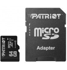 Карта памяти Patriot LX Series PSF64GMCSDXC10 microSD, 64Gb, Class10, UHS Class 1, чтение  до 80 Мб/сек, с SD адаптером                                                                                                                                   